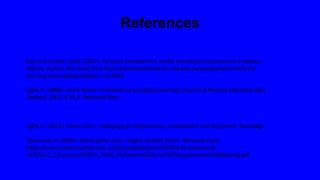 References
Board of Studies, NSW. (2007). Personal development, health and physical education K-6 syllabus.
Sydney: Author. Retrieved from http://educationstandards.nsw.edu.au/wps/portal/nesa/k-10/
learning-areas/pdhpe/pdhpe-k-10-2018
Light, R. (2006). Game Sense: Innovation or just good coaching? Journal of Physical Education New
Zealand, 39(1), 8-19,3. Retrieved from https://vuws.westernsydney.edu.au/bbcswebdav/pid-3487409-
dt-content-rid-
26755579_1/courses/102072_2018_2h/101576_2013_1h_ImportedContent_20121127041820INNOV
ATION%20OR%20GOOD%20COACHING%20LIGHT.pd
Light, R. (2012). Game sense : pedagogy for performance, participation and enjoyment. Routledge.
Townsend, G. (2007). About game sense. Rugby Football Union. Retrieved from
https://vuws.westernsydney.edu.au/bbcswebdav/pid-3487404-dt-content-rid-
26755211_1/courses/102072_2018_2h/Games%20Sense%20Supplemental%20Reading.pdf
://ebookcentral.proquest.com
 