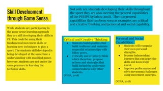Skill Development
through Game Sense.
While students are participating in
the game sense learning approach
they are still developing their skills in
PE. This could be using their
fundamental movement skills or
learning new techniques to play a
sport. The students skill developed is
being developed at the same time a
understanding with modified games
however, students are not under the
same pressure to learning the
technical skills.
Not only are students developing their skills throughout
the sport they are also meeting the general capabilities
of the PDHPE Syllabus (2018). The two general
capabilities that can been seen as examples are critical
and creative thinking and personal and social capability.
Critical and Creative Thinking:
● Students build qualities that
build resilience and maintain
respectful relationships with
fellow peers.
● Critically and creatively think
which therefore, propose
actions and strategies that
build inclusivity and create
connectedness with other
students.
(NESA, 2018)
Personal and Social
Capabilities:
● Students will recognise
their own personal
strengths.
● Become independent
learners that can apply the
skills and knowledge
learnt.
● Improve performance and
solve movement challenges
using movement concepts.
(NESA, 2018)
 