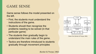 GAME SENSE
Game sense follows the model presented on
the left.
• First, the students must understand the
instructions of the game.
• Students should then recognize the
problems needing to be solved (in that
particular game)
• The students then gradually begin to
understand the main rules of the game.
• Tactics are therefore introduced to students
gradually through movement principles
(Taken from Bunker & Thorpe, 1982)
(Bunker & Thorpe, 1982)
 