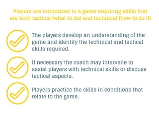 The players develop an understanding of the
game and identify the technical and tactical
skills required.
If necessary the coach may intervene to
assist players with technical skills or discuss
tactical aspects.
Players practice the skills in conditions that
relate to the game.
Players are introduced to a game requiring skills that
are both tactical (what to do) and technical (how to do it)
 