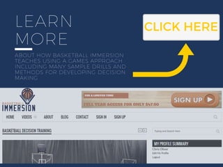 LEARN
MORE
ABOUT HOW BASKETBALL IMMERSION
TEACHES USING A GAMES APPROACH
INCLUDING MANY SAMPLE DRILLS AND
METHODS FOR DEVELOPING DECISION
MAKING
CLICK HERE
 