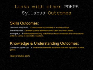 Links with other PDHPE
Syllabus Outcomes
Skills Outcomes:
Communicating COS1.1: Communicates appropriately in a variety of ways.
Interacting INS1.3 Develops positive relationships with peers and other people.
Moving MOS1.4 Demonstrates maturing performance of basic movement and compositional
skills in a variety of predictable situations.
Knowledge & Understanding Outcomes:
Games and Sports GSS1.8: Performs fundamental movement skills with equipment in minor
games.
(Board of Studies, 2007)
 
