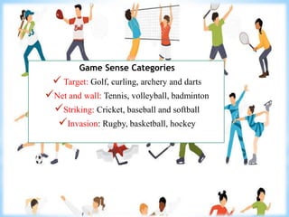 Game Sense Categories
 Target: Golf, curling, archery and darts
Net and wall: Tennis, volleyball, badminton
Striking: Cricket, baseball and softball
Invasion: Rugby, basketball, hockey
 