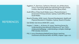 REFERENCES
 Aggleton, P., Dennison,Catherine,Warwick, Ian, & MyiLibrary.
(2010). Promoting health and well-being through schools.
London; NewYork: Routledge (Online library book).
 Audit Office of New SouthWales (2012). Physical Activity in
Government PrimarySchools. Sydney: Audit Office of New
SouthWales.
 Board of Studies, NSW. (2007). Personal Development, Health and
Physical Education K-6 Syllabus. Sydney: Board of Studies.
 Get Skilled: Get Active (NSW DET, 2000).
 Hopper,T., Butler, J., & Storey, B. (2009).TeachingGames for
Understanding InternationalConference (4th ed.) TGFU -
simply good pedagogy : understanding a complex challenge.
PHE Canada,Vancouver.
 Pill, S. (2014) Developing Netball Game Sense: teaching
movement and tactical skills.ACHPER, chapter 1 (pp 1‐12).
 