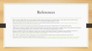 References
• Board of Studies, NSW. (2007). Personal development, health and physical education K-6 syllabus. Sydney: Author. Retrieved from NESA website:
http://educationstandards.nsw.edu.au/wps/portal/nesa/k-10/ learning-areas/pdhpe/pdhpe-k-10-2018
• Healthy Kids. (2018). Live life well @ school: resources for teachers. Retrieved June 28, 2018, from https: //www.healthykids.nsw.gov.au/teachers-
childcare/live-life-well-@-school/resources-for-teachers.aspx
• Light, R.(2013). Game Sense: pedagogy for performance, participation and enjoyment. Chapter4 (pp 37-47). (Online Library Book).
• NSW Education Standards Authority. (2018). Personal development, health and physical education K-10 syllabus. Sydney: Author. Retrieved from NESA
website: http://educationstandards.nsw.edu.au/wps/portal/ nesa/k-10/learning-areas/pdhpe/pdhpe-k-10-2018
• Pearson, P., & Webb, P. (2010). The integration of tgfu into the secondary school physical education curriculum –how successful has it been? In A.
Rendimiento (Ed.), Congreso de la asociacion internacional de escuelas superios de education fisica (pp.1004-1015). Retrieved from
http://ro.uow.edu.au/cgi/viewcontent.cgi?article=1674&context=edupapers
• Pill, S. (2016). An appreciative inquiry exploring game sense teaching in physical education. Sport, Education and Society, 21(2), 279-297.
• Townsend, G. (2007). Game Sense. Rugby Football Union. Retrieved from https://vuws.westernsydney.edu.au/bbcswebdav/pid-3912527-dt-content-rid-
28958718_1/courses/102072_2019_1h/101576_2013_1h_ImportedContent_20121127041828/Games%20Sense%20by%20G%20Townsend.pdf
 