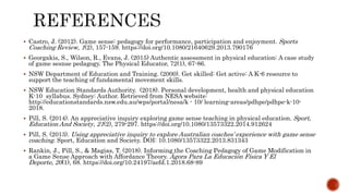 Castro, J. (2012). Game sense: pedagogy for performance, participation and enjoyment. Sports
Coaching Review, 1(2), 157-159. https://doi.org/10.1080/21640629.2013.790176
 Georgakis, S., Wilson, R., Evans, J. (2015) Authentic assessment in physical education: A case study
of game sesnse pedagogy. The Physical Educator, 72(1), 67-86.
 NSW Department of Education and Training. (2000). Get skilled: Get active: A K-6 resource to
support the teaching of fundamental movement skills.
 NSW Education Standards Authority. (2018). Personal development, health and physical education
K-10 syllabus. Sydney: Author. Retrieved from NESA website:
http://educationstandards.nsw.edu.au/wps/portal/nesa/k - 10/ learning-areas/pdhpe/pdhpe-k-10-
2018.
 Pill, S. (2014). An appreciative inquiry exploring game sense teaching in physical education. Sport,
Education And Society, 21(2), 279-297. https://doi.org/10.1080/13573322.2014.912624
 Pill, S. (2013). Using appreciative inquiry to explore Australian coaches’ experience with game sense
coaching. Sport, Education and Society. DOI: 10.1080/13573322.2013.831343
 Rankin, J., Pill, S., & Magias, T. (2018). Informing the Coaching Pedagogy of Game Modification in
a Game Sense Approach with Affordance Theory. Ágora Para La Educación Física Y El
Deporte, 20(1), 68. https://doi.org/10.24197/aefd.1.2018.68-89
 
