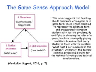 The Game Sense Approach Model
(Curriculum Support, 2016, p. 7)
This model suggests that teaching
should commence with a game or in
‘game form’ which is then modified
to represent the advanced form
and exaggerated to present
students with tactical problems. By
modifying or changing the rules of a
game, teachers can amplify playing
conditions to ensure that every
student is faced with the question:
“What must I do to succeed in this
situation?”. Ultimately, this fosters
cognitive processing allowing for
the making of strategic and tactical
considerations.
 