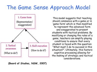 The Game Sense Approach Model
(Board of Studies, NSW, 2007)
This model suggests that teaching
should commence with a game or in
‘game form’ which is then modified
to represent the advanced form
and exaggerated to present
students with tactical problems. By
modifying or changing the rules of a
game, teachers can amplify playing
conditions to ensure that every
student is faced with the question:
“What must I do to succeed in this
situation?”. Ultimately, this fosters
cognitive processing allowing for
the making of strategic and tactical
considerations.
 