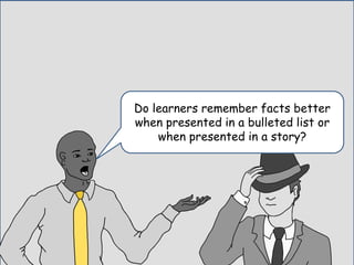 Do learners remember facts better
when presented in a bulleted list or
when presented in a story?
 