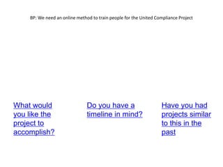 BP: We need an online method to train people for the United Compliance Project




What would                     Do you have a                       Have you had
you like the                   timeline in mind?                   projects similar
project to                                                         to this in the
accomplish?                                                        past
 