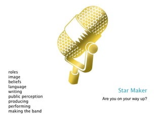 roles
image
beliefs
language
writing
public perception
                    Are you on your way up?
producing
performing
making the band
 