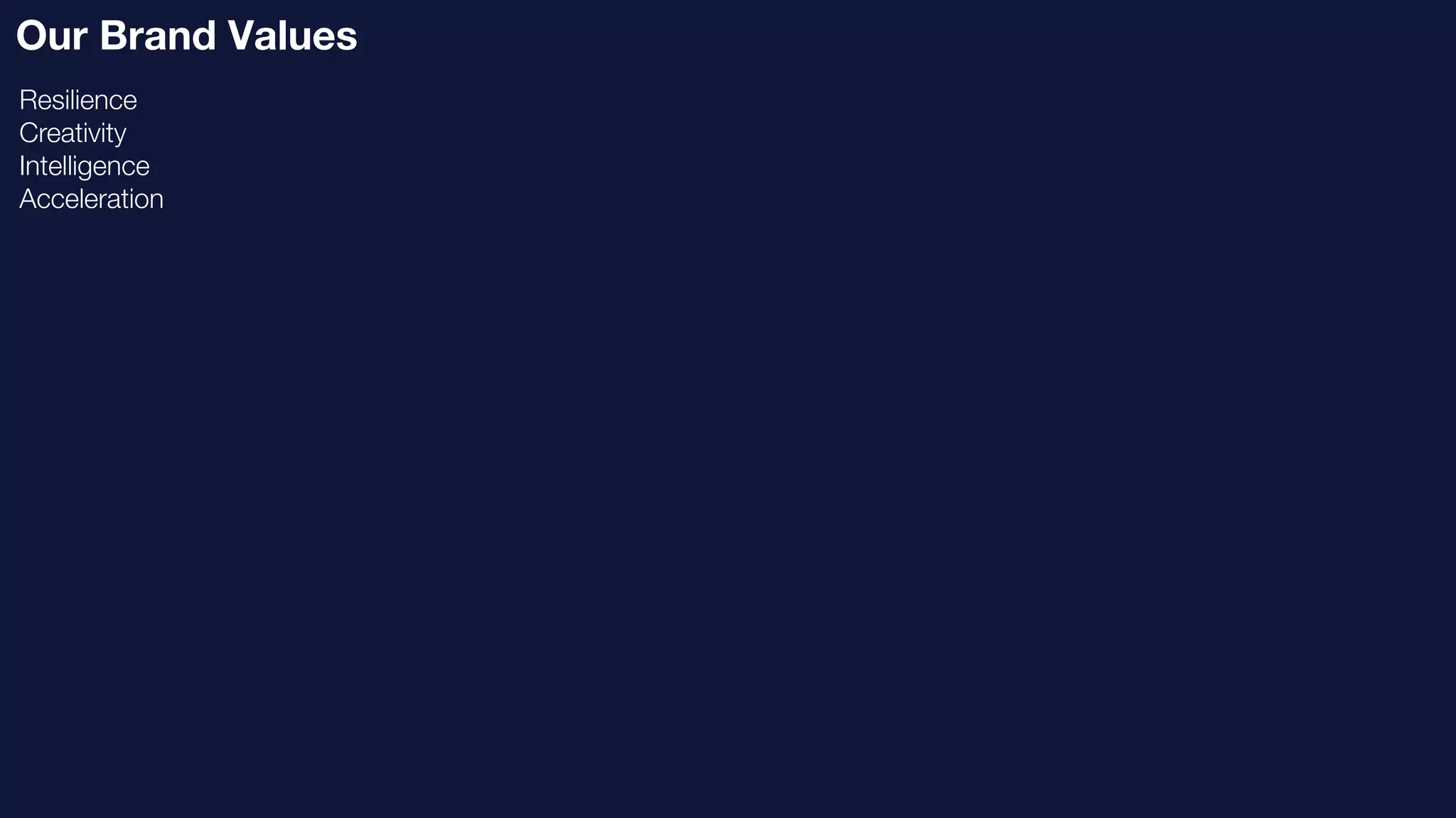 Our Brand Values
Resilience
Creativity
Intelligence
Acceleration
 