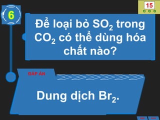Để loại bỏ SO2 trong
CO2 có thể dùng hóa
chất nào?
ĐÁP ÁN
Dung dịch Br2.
6
ANS BACK
 
