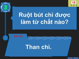 Ruột bút chì được
làm từ chất nào?
ĐÁP ÁN
Than chì.
3
ANS BACK
 