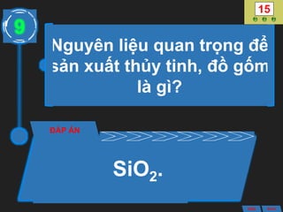 Nguyên liệu quan trọng để
sản xuất thủy tinh, đồ gốm
là gì?
ĐÁP ÁN
SiO2.
9
ANS BACK
 