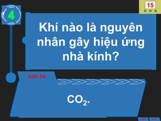 Khí nào là nguyên
nhân gây hiệu ứng
nhà kính?
ĐÁP ÁN
CO2.
4
ANS BACK
 