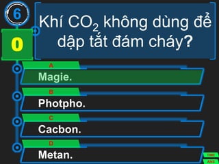 Khí CO2 không dùng để
dập tắt đám cháy?
Magie.
A
Photpho.
B
Cacbon.
C
Metan.
D
6
ANS
TIME
3029282726252423222120191817161514131211109876543210
 