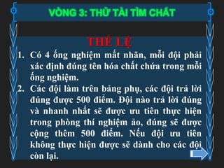 VÒNG 3: THỬ TÀI TÌM CHẤT
THỂ LỆ
1. Có 4 ống nghiệm mất nhãn, mỗi đội phải
xác định đúng tên hóa chất chứa trong mỗi
ống nghiệm.
2. Các đội làm trên bảng phụ, các đội trả lời
đúng được 500 điểm. Đội nào trả lời đúng
và nhanh nhất sẽ được ưu tiên thực hiện
trong phòng thí nghiệm ảo, đúng sẽ được
cộng thêm 500 điểm. Nếu đội ưu tiên
không thực hiện được sẽ dành cho các đội
còn lại.
 