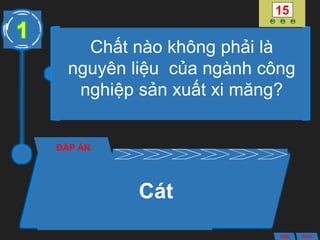 ĐÁP ÁN
Cát
1
ANS BACK
Chất nào không phải là
nguyên liệu của ngành công
nghiệp sản xuất xi măng?
 
