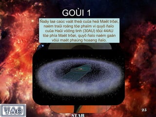 GOÙI 1
Ñaây laø caùchieän theå cuûa heä Maët trôøi,
   Noù xuaát vaät toïa ñoä ñöôïc trong
 Ñaây laø moät heälaàn cuoái beânduøng
  naèm traûi roäng töø nguyeân toátaâm,
    OÂng cho raèngthieân vaên quyõñaïi
               nhaø 4naêm nhaät naøo
 heäOÂng laøbieáncuûa heä1986 vaø ñaïo
     Laø haønh sao phaïmtruï?  vi coå
      Maët trôøi vaøotrongthieân vaên.seõ
    raát phoå giaû trong heä Maët trôøi.
    Moät taùcvöông trong heä tôùi Trôøi?
  Ñaây laø moät tinhtinh (30AU)Maët 44AU
   cuûa Haûi naêm 1473 vuõ naêm 2061.
            caàu thaønh
   xuaátsinh töôûnglaïi vaøo ñòa taâm.
      coùhieän trôû veà heä naêm 1543.
   oâng   yù              maát
 töø phía Maët trôøi, quyõ ñaïo naèm gaàn
      vôùi maët phaúng hoaøng ñaïo.




           Nhoùm SUPER                         25
               STAR
 