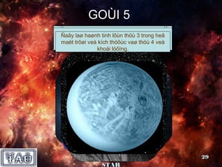 GOÙI 5
Nhöõng phaùtmoätnaèm trong choøm haø.cho
    Laø laø kieánñaõ ñöathöùñaõ giuùp
                     cuûa oâng
  OÂngthieânvaân tinh lôùn Ñöùc,ñònh sao
   Ñaâytinhngöôøi daïng cuûa thieân luaät
 Nhaø
          laø
Ngoâi sao truï vaên ngöôøi baàu trong heâ
 ÑaâySao haønhmeänh danh laøvieân ñeâm.
       laøsaùng nhaát treân ra 3 3sinh naêm
moân vuõ ñöôïc Laïp hoä.           trôøi
               luaän tieán theâm moät böôùc,
 maët trôøi veà kích cuûañieàutruï? 4 veà
           noåi cöông thöôùc vaøgì?
           kim tieáng veà vuõ thöù
    vôùi thuyeátmaát–naêm 1630.
            1571 Big bang noåi tieáng.
                 khoái löôïng.




            Nhoùm SUPER                        29
                STAR
 