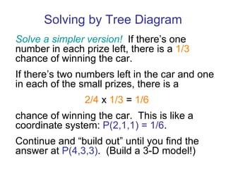 Solving by Tree Diagram Solve a simpler version!   If there’s one number in each prize left, there is a  1/3  chance of winning the car. If there’s two numbers left in the car and one in each of the small prizes, there is a 2/4  x  1/3  =  1/6 chance of winning the car.  This is like a coordinate system:  P(2,1,1) = 1/6 . Continue and “build out” until you find the answer at  P(4,3,3) .  (Build a 3-D model!) 