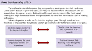 Game based learning (GBL)
The teachers face the challenges as they attempt to incorporate games into their curriculum.
Games can be difficult to grade and assess, and they can be difficult to fit into schedules. But the
students learn from games in ways that traditional forms of teaching cannot offer. Such way of
learning also helps them to realize that multiple attempts are sometimes necessary as a part of learning
and success.
It is very important to make a reflection after playing a game. Through it students have
possibility to organize their thoughts and teachers get information for further elaboration of the game.
Students integrate the game
experience into real life
experience
Teachers improve their
teaching skills through the
feedback
Students express their own
feelings and thoughts
Teachers hear the thoughts
and experiences of all
students
 