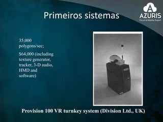 Primeiros sistemas
35,000
polygons/sec;
$64,000 (including
texture generator,
tracker, 3-D audio,
HMD and
software)
Provision 100 VR turnkey system (Division Ltd., UK)
 