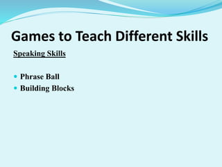 Games to Teach Different Skills
Speaking Skills
 Phrase Ball
 Building Blocks
 