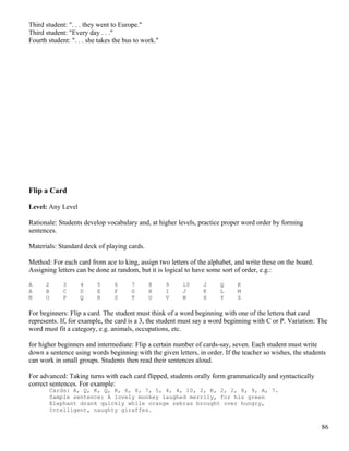 Third student: ". . . they went to Europe."
Third student: "Every day . . ."
Fourth student: ". . . she takes the bus to work."
Flip a Card
Level: Any Level
Rationale: Students develop vocabulary and, at higher levels, practice proper word order by forming
sentences.
Materials: Standard deck of playing cards.
Method: For each card from ace to king, assign two letters of the alphabet, and write these on the board.
Assigning letters can be done at random, but it is logical to have some sort of order, e.g.:
A 2 3 4 5 6 7 8 9 10 J Q K
A B C D E F G H I J K L M
N O P Q R S T U V W X Y Z
For beginners: Flip a card. The student must think of a word beginning with one of the letters that card
represents. If, for example, the card is a 3, the student must say a word beginning with C or P. Variation: The
word must fit a category, e.g. animals, occupations, etc.
for higher beginners and intermediate: Flip a certain number of cards-say, seven. Each student must write
down a sentence using words beginning with the given letters, in order. If the teacher so wishes, the students
can work in small groups. Students then read their sentences aloud.
For advanced: Taking turns with each card flipped, students orally form grammatically and syntactically
correct sentences. For example:
Cards: A, Q, K, Q, K, 6, 8, 7, 5, 4, 4, 10, 2, K, 2, 2, 8, 9, A, 7.
Sample sentence: A lovely monkey laughed merrily, for his green
Elephant drank quickly while orange zebras brought over hungry,
Intelligent, naughty giraffes.
86
 