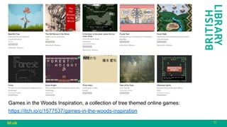 10
bl.uk
Games in the Woods Inspiration, a collection of tree themed online games:
https://itch.io/c/1577537/games-in-the-woods-inspiration
 