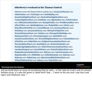 Jaggeree
techonology based and friends
scarcity, abundancereal world games                                           /think/help/create/work

and we build them an essay of everything they’ve seen... in the style of a kid’s end of summer
holiday essay, it’s why the game is called And I Saw... “I went to the zoo and I saw lions and
tigers and elephants and...”
 