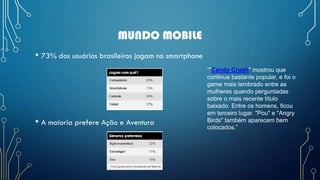 MUNDO MOBILE
• 73% dos usuários brasileiros jogam no smartphone
• A maioria prefere Ação e Aventura
“"Candy Crush" mostrou que
continua bastante popular, e foi o
game mais lembrado entre as
mulheres quando perguntadas
sobre o mais recente título
baixado. Entre os homens, ficou
em terceiro lugar. "Pou" e "Angry
Birds" também aparecem bem
colocados.”
 