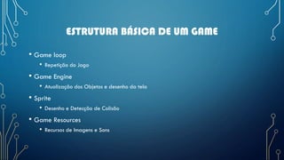 ESTRUTURA BÁSICA DE UM GAME
• Game loop
• Repetição do Jogo
• Game Engine
• Atualização dos Objetos e desenho da tela
• Sprite
• Desenho e Detecção de Colisão
• Game Resources
• Recursos de Imagens e Sons
 
