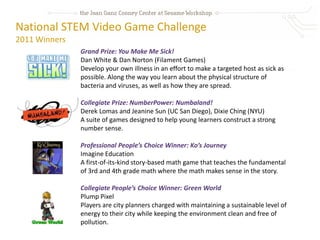 National STEM Video Game Challenge
2011 Winners
               Grand Prize: You Make Me Sick!
               Dan White & Dan Norton (Filament Games)
               Develop your own illness in an effort to make a targeted host as sick as
               possible. Along the way you learn about the physical structure of
               bacteria and viruses, as well as how they are spread.

               Collegiate Prize: NumberPower: Numbaland!
               Derek Lomas and Jeanine Sun (UC San Diego), Dixie Ching (NYU)
               A suite of games designed to help young learners construct a strong
               number sense.

               Professional People’s Choice Winner: Ko’s Journey
               Imagine Education
               A first-of-its-kind story-based math game that teaches the fundamental
               of 3rd and 4th grade math where the math makes sense in the story.

               Collegiate People’s Choice Winner: Green World
               Plump Pixel
               Players are city planners charged with maintaining a sustainable level of
               energy to their city while keeping the environment clean and free of
               pollution.
 