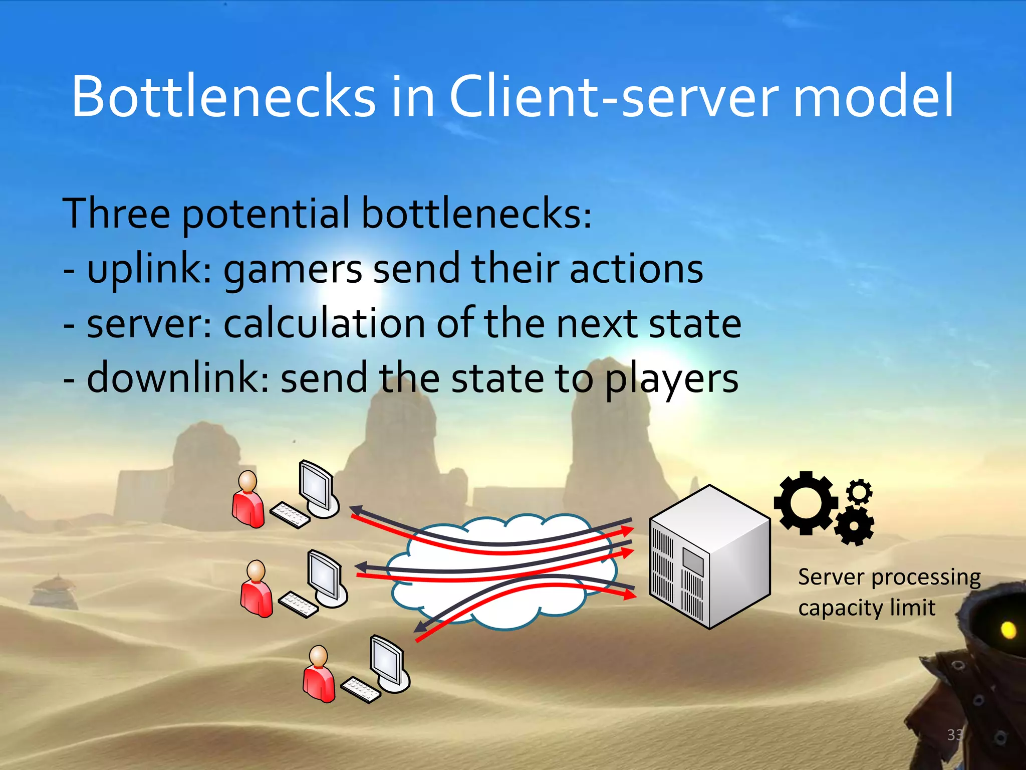 Bottlenecks in Client-server model
Three potential bottlenecks:
- uplink: gamers send their actions
- server: calculation of the next state
- downlink: send the state to players
Server processing
capacity limit
33
 
