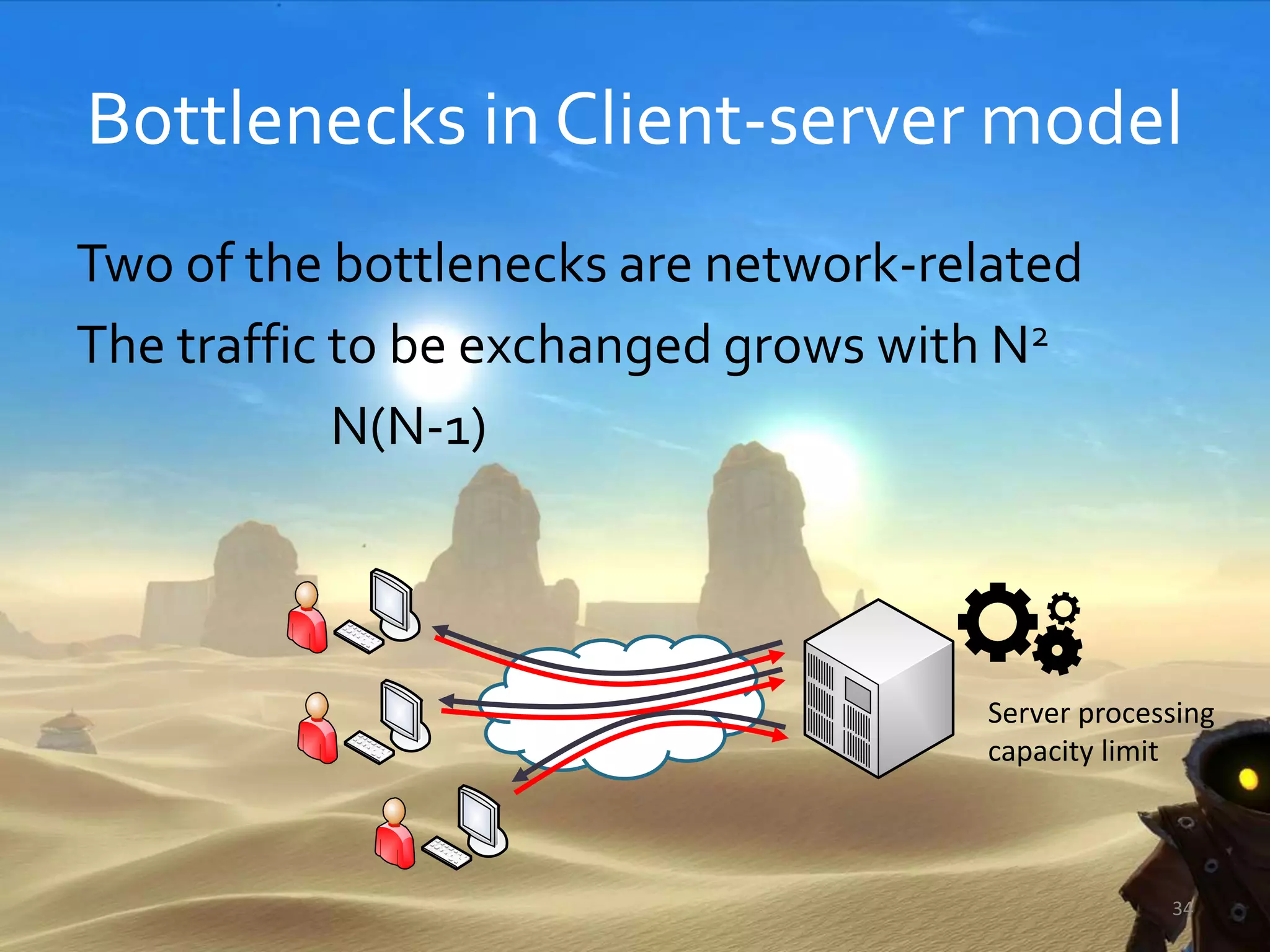 Bottlenecks in Client-server model
Two of the bottlenecks are network-related
The traffic to be exchanged grows with N2
N(N-1)
Server processing
capacity limit
34
 