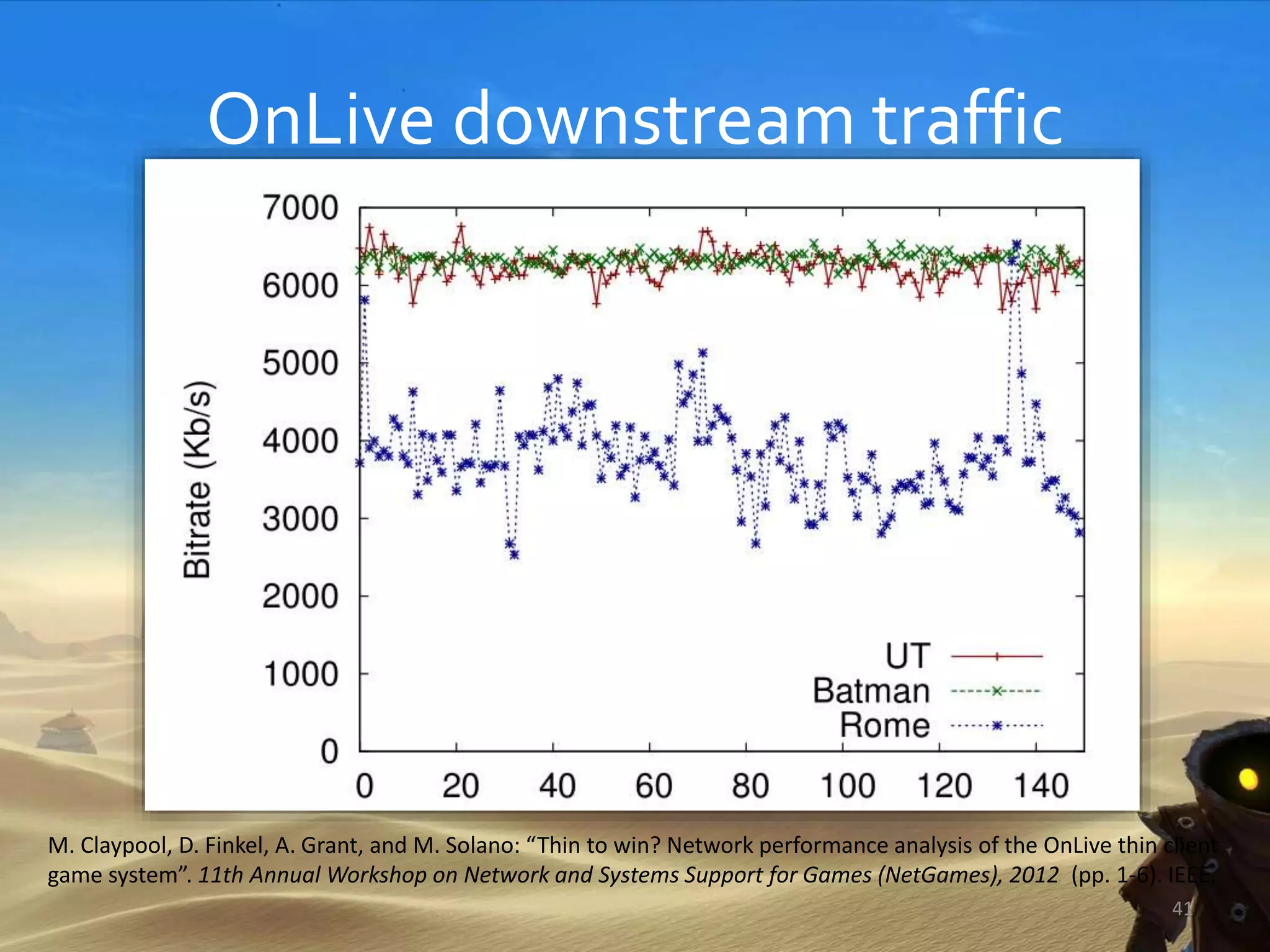 OnLive downstream traffic
41
M. Claypool, D. Finkel, A. Grant, and M. Solano: “Thin to win? Network performance analysis of the OnLive thin client
game system”. 11th Annual Workshop on Network and Systems Support for Games (NetGames), 2012 (pp. 1-6). IEEE.
 