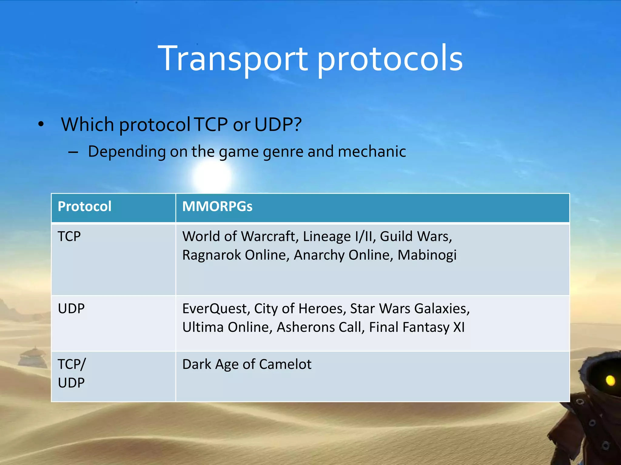 Transport protocols
• Which protocolTCP or UDP?
– Depending on the game genre and mechanic
Protocol MMORPGs
TCP World of Warcraft, Lineage I/II, Guild Wars,
Ragnarok Online, Anarchy Online, Mabinogi
UDP EverQuest, City of Heroes, Star Wars Galaxies,
Ultima Online, Asherons Call, Final Fantasy XI
TCP/
UDP
Dark Age of Camelot
 