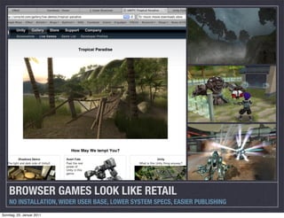 BROWSER GAMES LOOK LIKE RETAIL
    NO INSTALLATION, WIDER USER BASE, LOWER SYSTEM SPECS, EASIER PUBLISHING
Sonntag, 23. Januar 2011
 