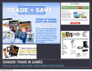 DANGER: TRADE IN GAMES
    PRICE VS. SALES VS. USED GAMES LOWERS DEMAND IN NEW RELEASES
Sonntag, 23. Januar 2011
 