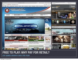 FREE TO PLAY: WHY PAY FOR RETAIL?
    F2P GAMES GROWTH 350% PER YEAR
Sonntag, 23. Januar 2011
 