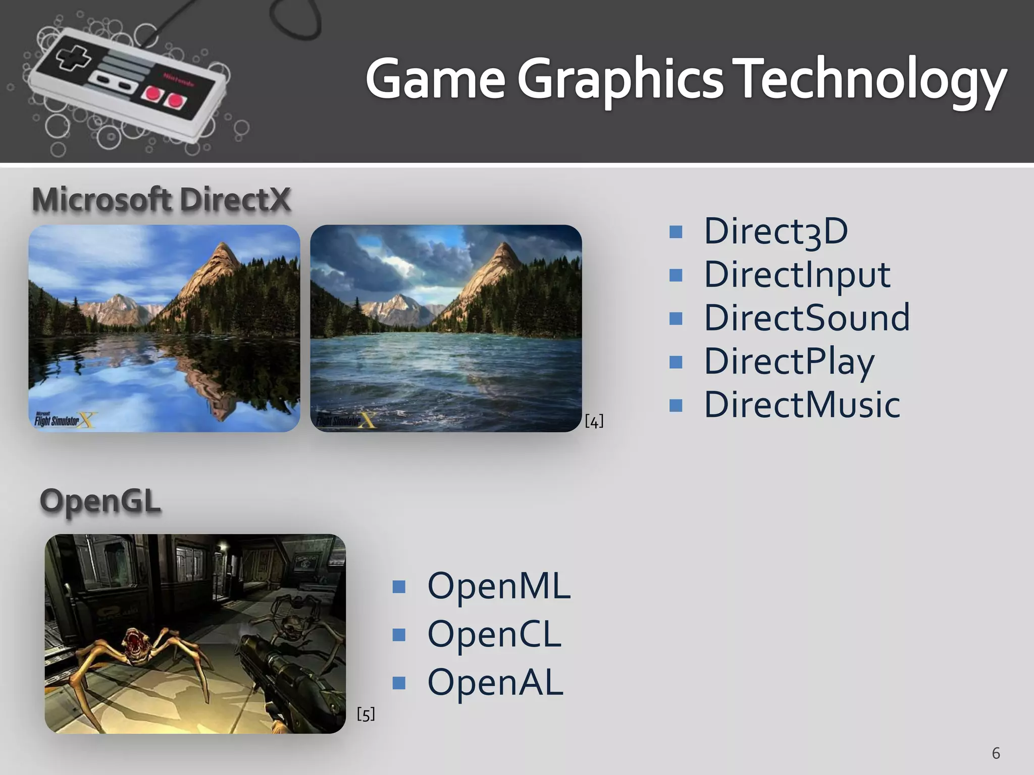 Microsoft DirectX
                                                Direct3D
                                                DirectInput
                                                DirectSound
                                                DirectPlay
                                       [4]      DirectMusic

OpenGL

                             OpenML
                             OpenCL
                             OpenAL
                    [5]

                                                               6
 