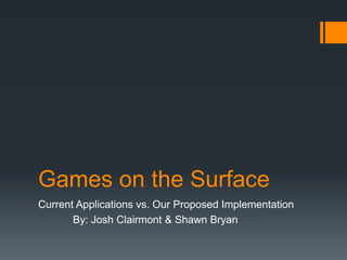 Games on the Surface Current Applications vs. Our Proposed Implementation 	By: Josh Clairmont & Shawn Bryan 