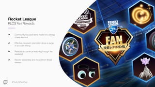 #TwitchDevDay
Community-focused items made for a strong
chase element
Effective pre-event promotion drove a surge
of account linking
Reasons to continue watching through the
weekend
Record viewership and impact from linked
viewers
Rocket League
RLCS Fan Rewards
 