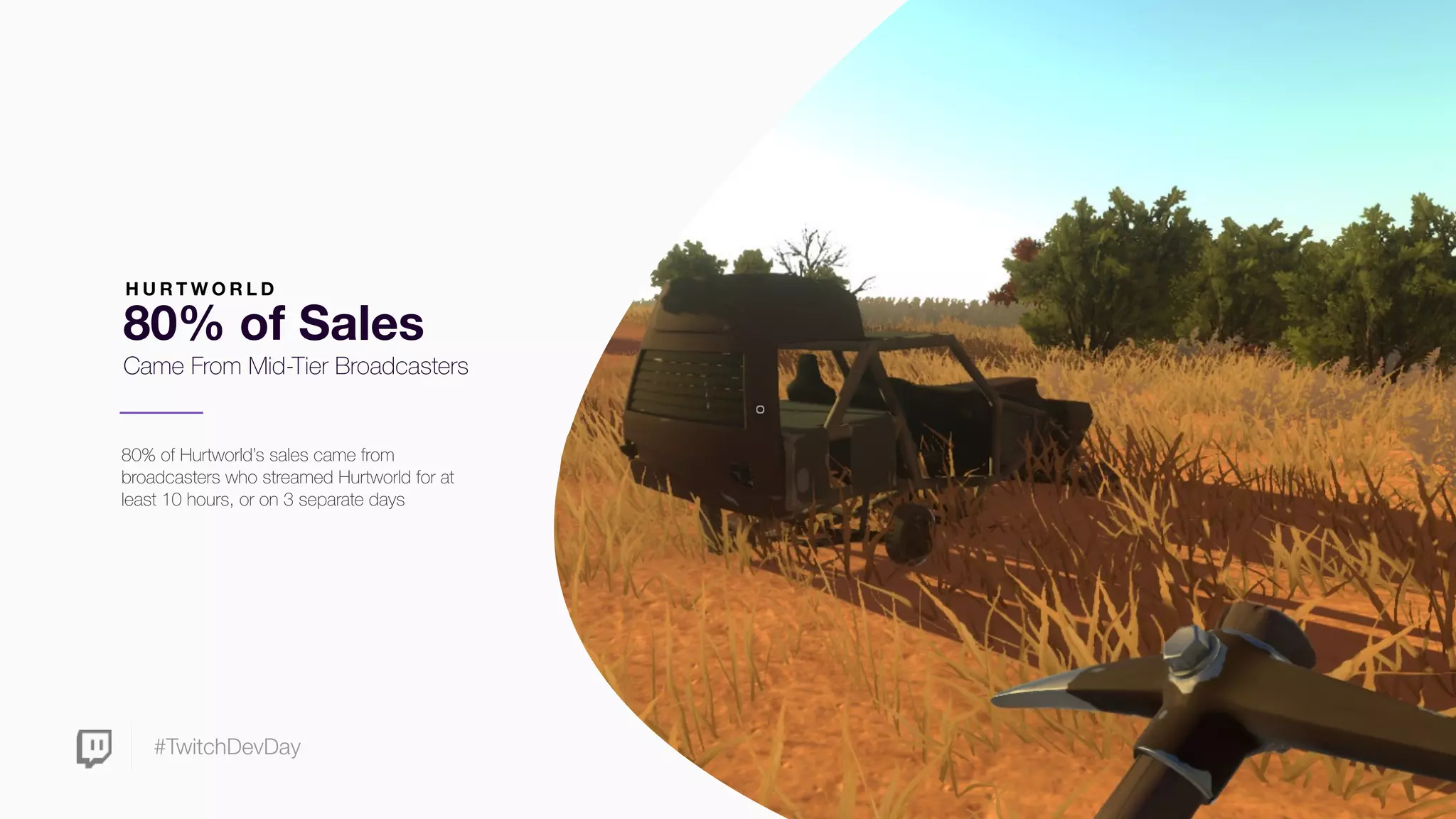 #TwitchDevDay
80% of Sales
Came From Mid-Tier Broadcasters
80% of Hurtworld’s sales came from
broadcasters who streamed Hurtworld for at
least 10 hours, or on 3 separate days
H U R T W O R L D
 