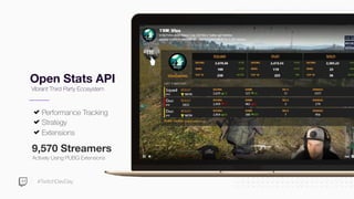 #TwitchDevDay
Actively Using PUBG Extensions
9,570 Streamers
Performance Tracking
Strategy
Extensions
Open Stats API
Vibrant Third Party Ecosystem
 