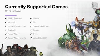 #TwitchDevDay
Currently Supported Games
On CurseForge
World of Warcraft
Minecraft
Kerbal Space Program
StarCraft II
Secret World
Secret World Legends
Wildstar
Rift
Elder Scrolls Online
Terraria
And…
Darkest Dungeon
 