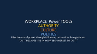 WORKPLACE Power TOOLS
AUTHORITY
CULTURE
POLITICS
Depending upon the Industries these tools may skew differently
In some in...