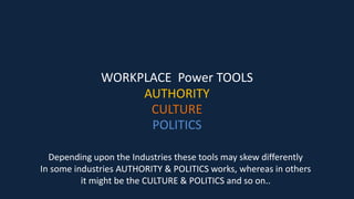 Blend
AUTHORITY/CULTURE and POLITICS
perfectly is key to survive
the workplace politics
 